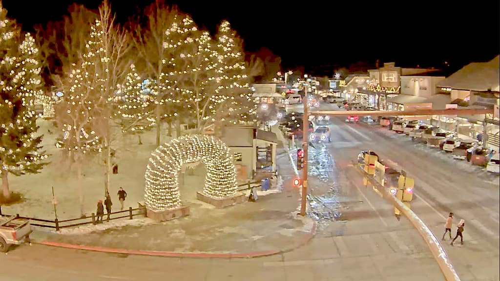Jackson Town Square Elk Antler Arch lights during Christmas in Wyoming 2025