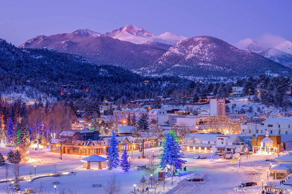 Snow-covered Estes Park village at Christmastime 2025