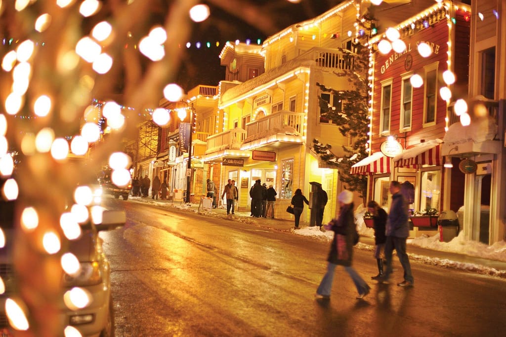 Snowy Park City Main Street decorated for Christmas in Utah 2025