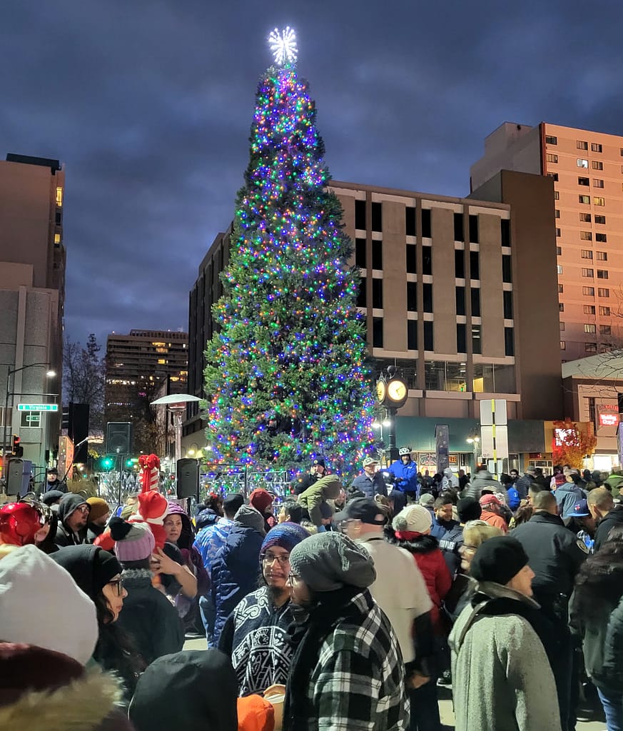 Downtown Reno glowing with Christmas lights during Nevada’s 2025 holiday season