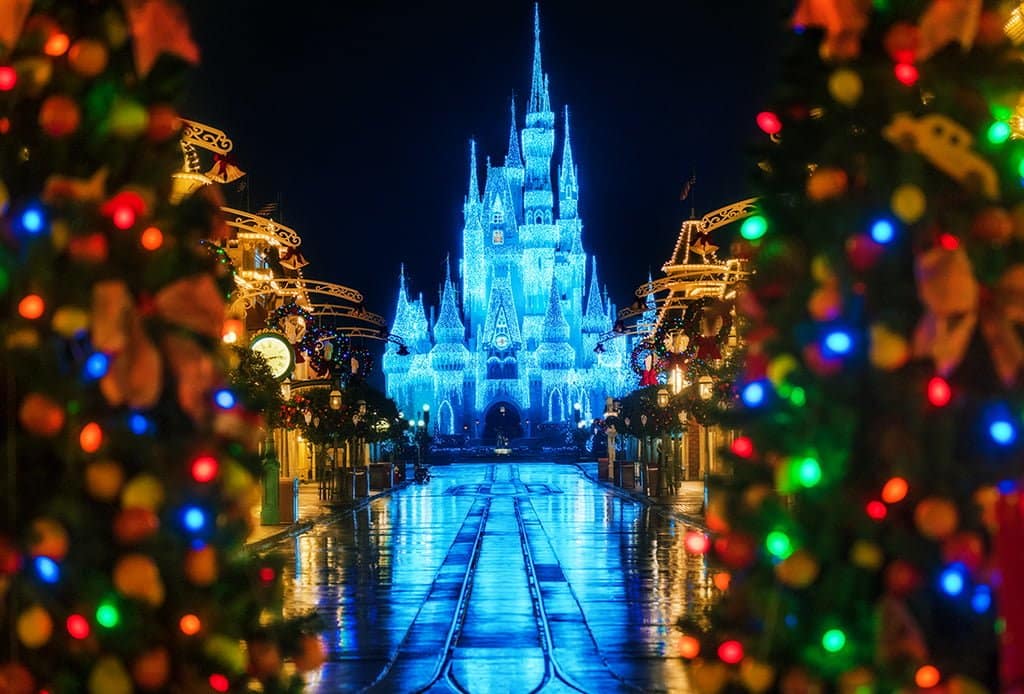 Disneyland Resort holiday castle decorated with lights during Christmas in California 2025