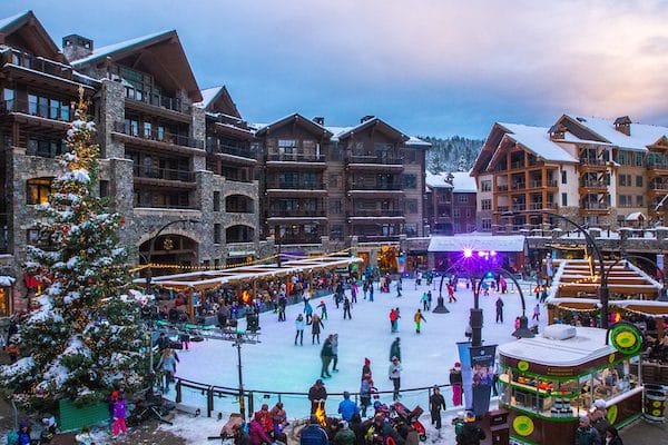 Lake Tahoe ski village decorated for Christmas with snow and holiday lights