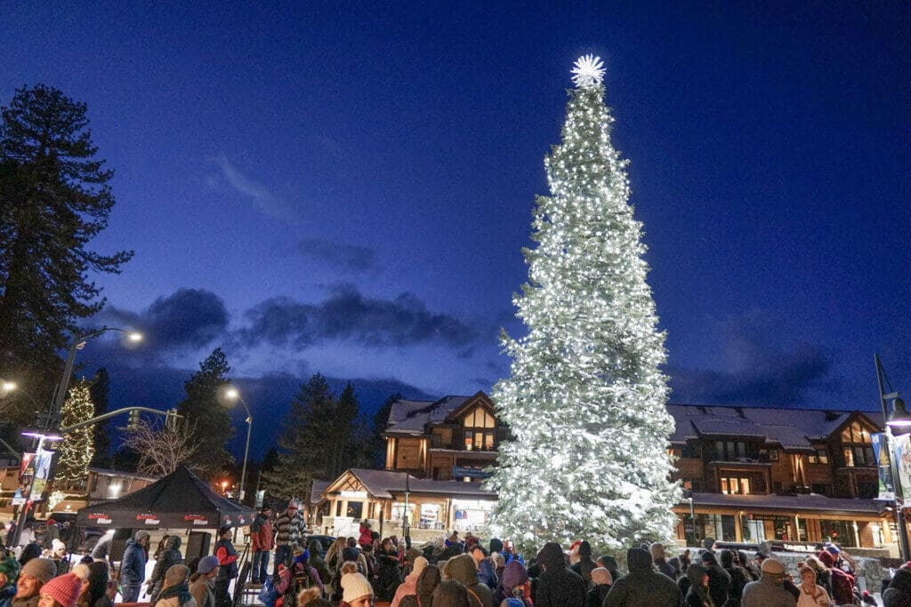 Snow-covered Lake Tahoe ski village decorated for Christmas in Nevada 2025