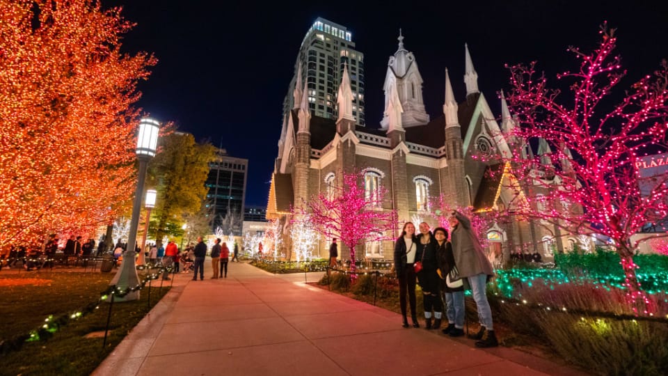 Temple Square Christmas lights glowing at night during Christmas in Utah 2025