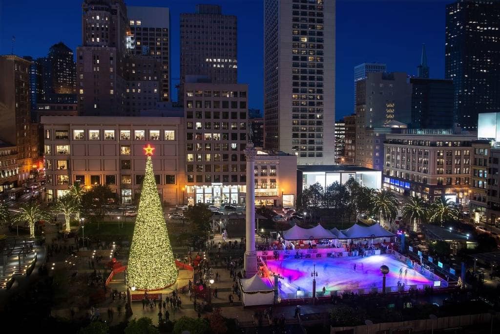 Union Square Christmas tree and ice rink in San Francisco during the 2025 holiday season